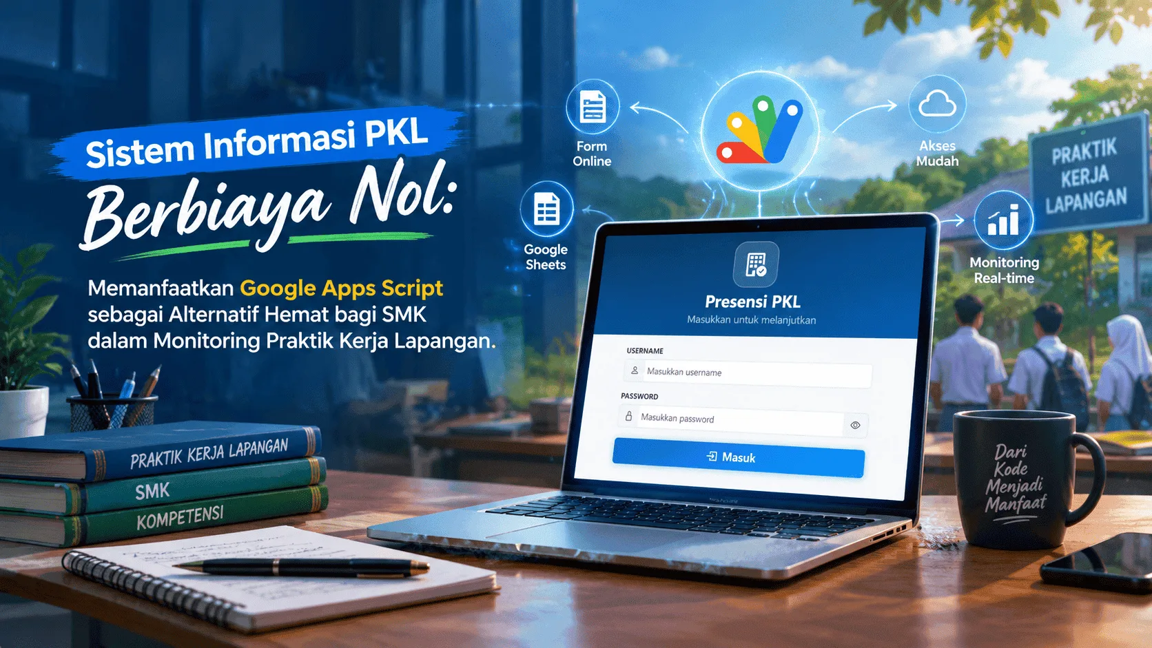 Ilustrasi sistem informasi PKL gratis untuk SMK yang dibangun dengan Google Apps Script