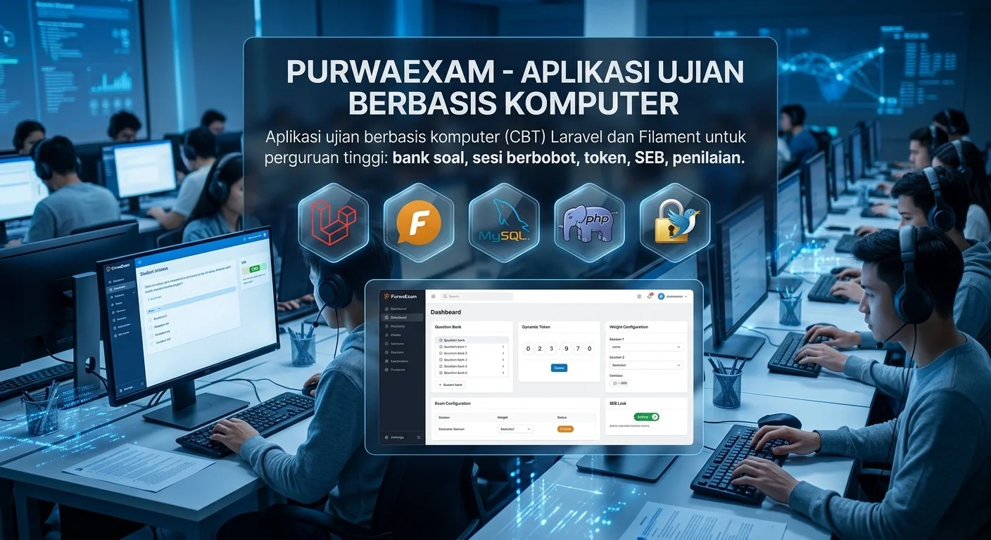 Ilustrasi aplikasi ujian online CBT PurwaExam untuk kampus dengan panel admin dan panel peserta