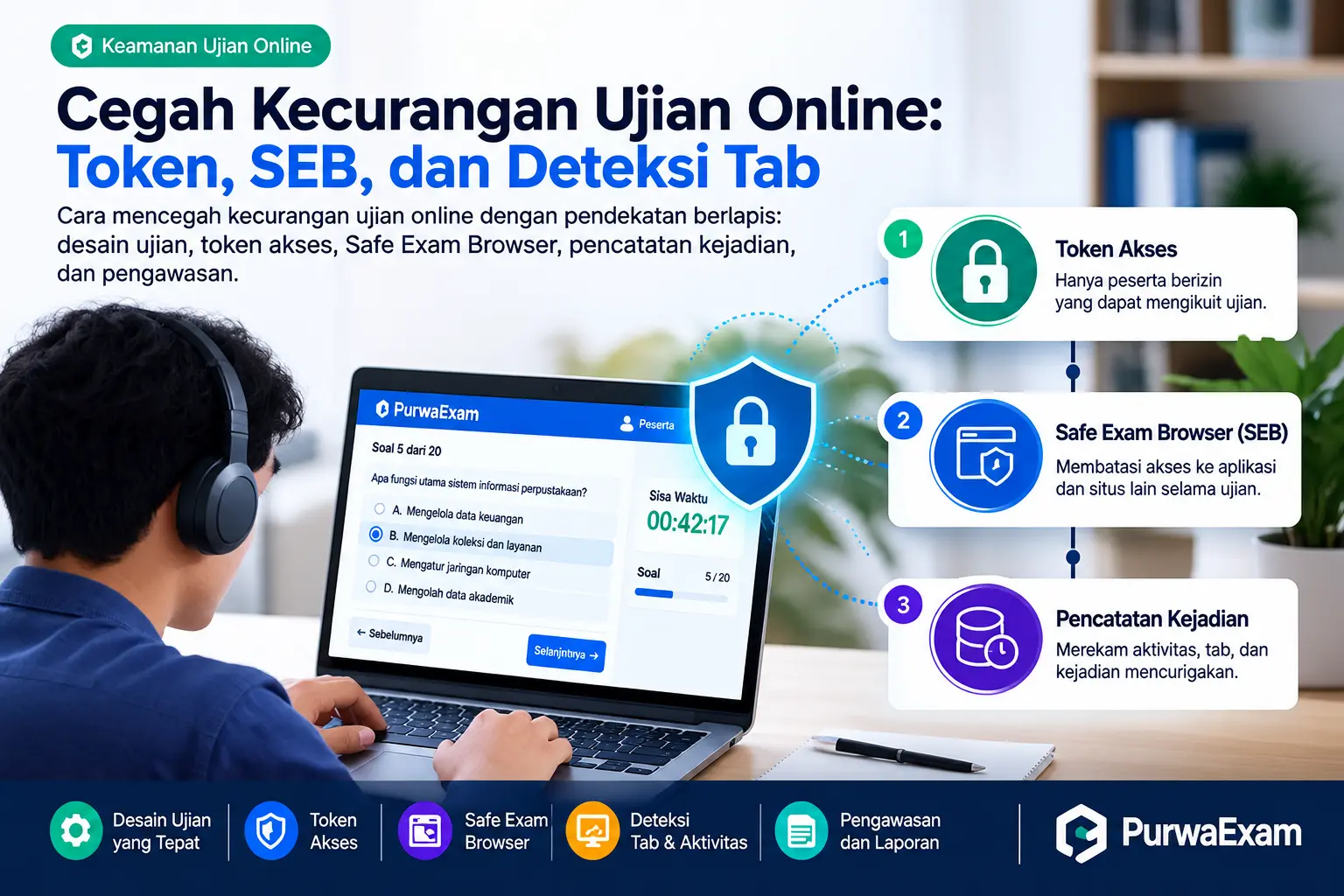 Ilustrasi lapisan pengaman ujian online: token, Safe Exam Browser, dan pencatatan kejadian