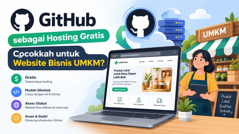Ilustrasi GitHub sebagai hosting gratis untuk website bisnis UMKM, dengan laptop menampilkan situs di alamat username.github.io