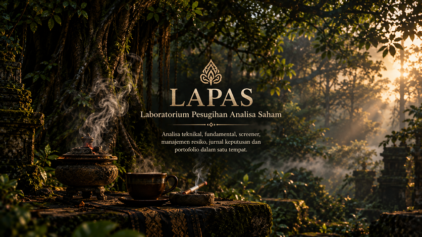 Suasana pesugihan di tengah hutan dengan dupa, kopi, dan logo LAPAS — Laboratorium Pesugihan Analisa Saham