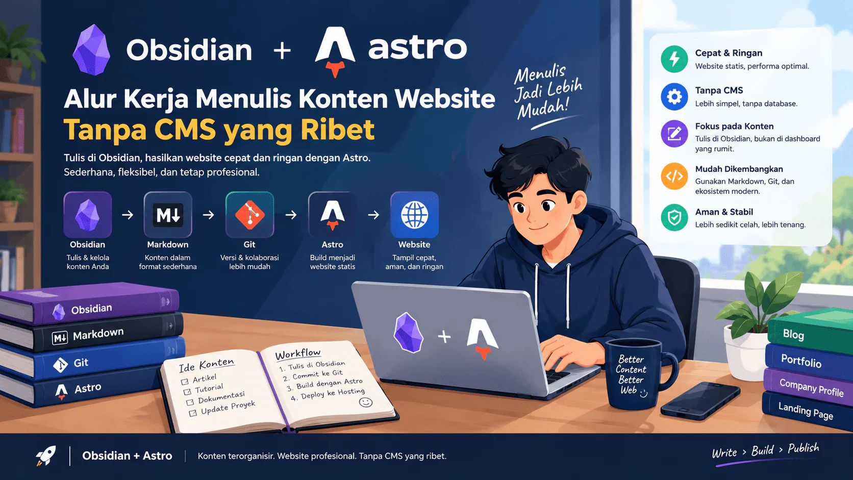 Infografik alur kerja Obsidian dan Astro: menulis di Obsidian, Markdown, Git, build Astro, hingga website live