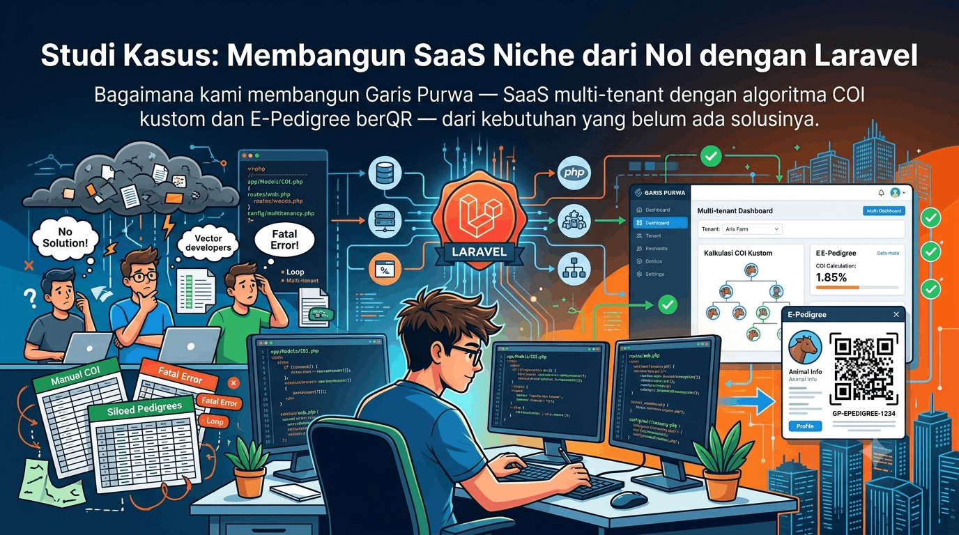 Dashboard Garis Purwa menampilkan Selection Index dan pohon silsilah digital perkutut — dibangun dengan Laravel 13 oleh Sashindo Project