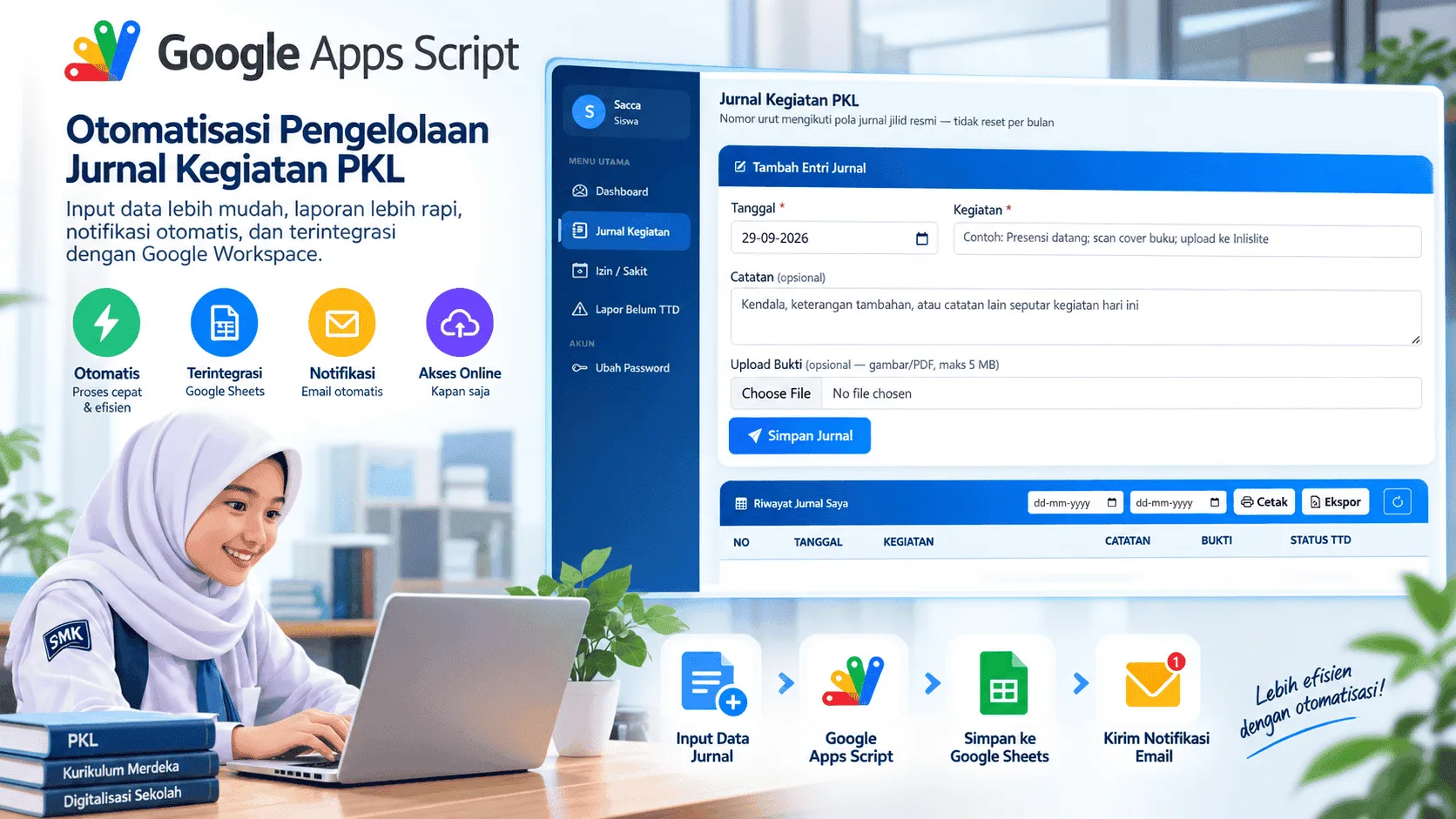 Dashboard sistem monitoring PKL SMK berbasis Google Apps Script dengan tema biru
