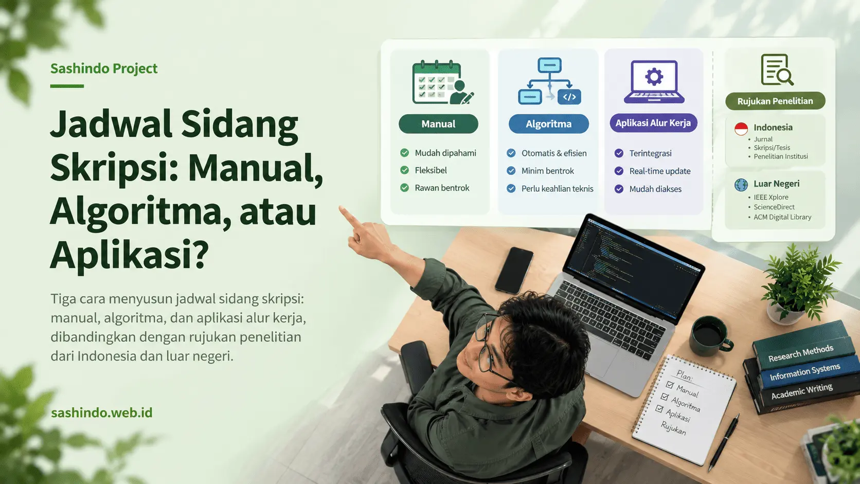Ilustrasi tiga cara menyusun jadwal sidang skripsi: manual, algoritma, dan aplikasi