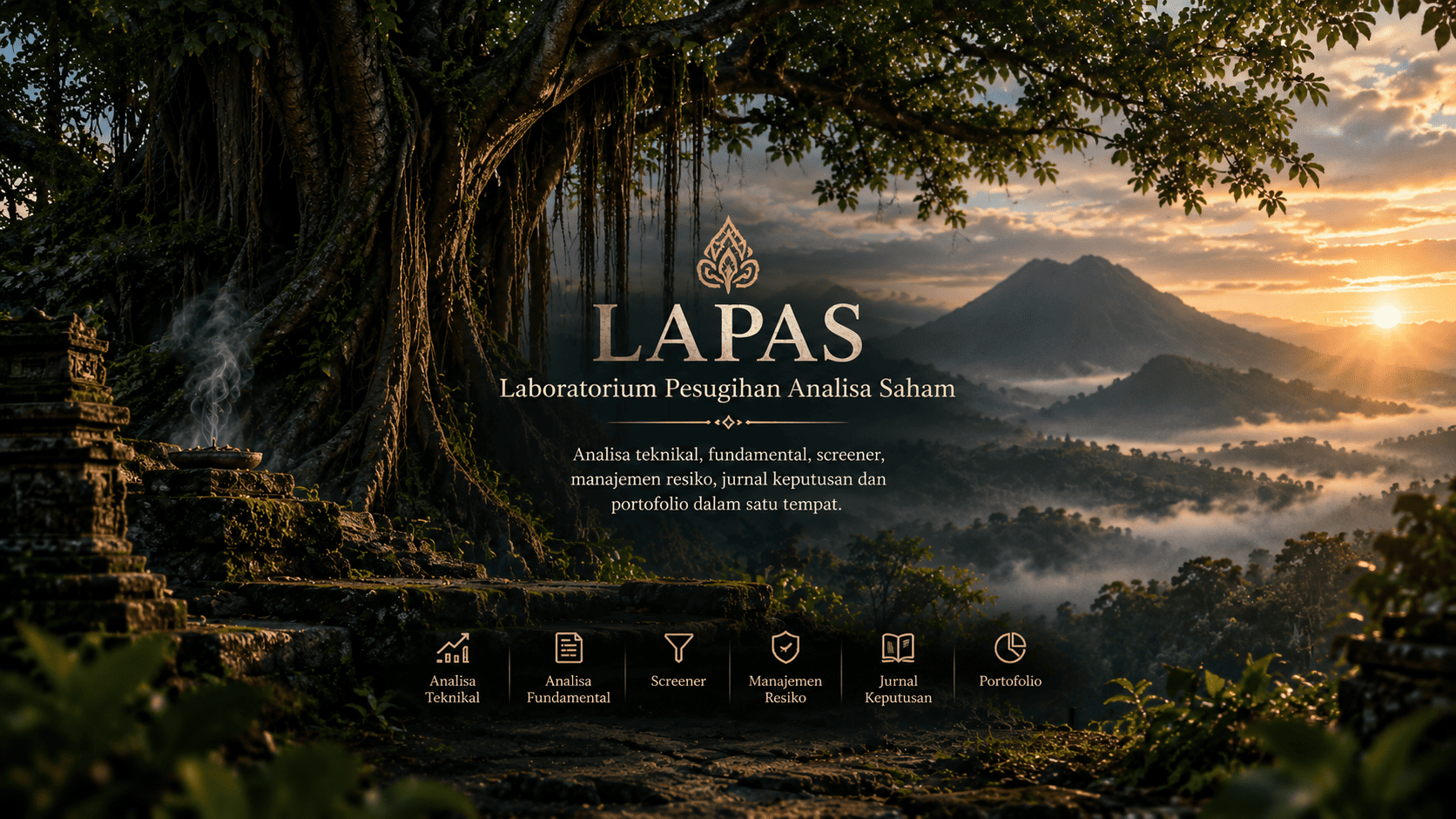 Cover LAPAS bertema pesugihan dengan enam modul: Analisa Teknikal, Analisa Fundamental, Screener, Manajemen Risiko, Jurnal Keputusan, dan Portofolio