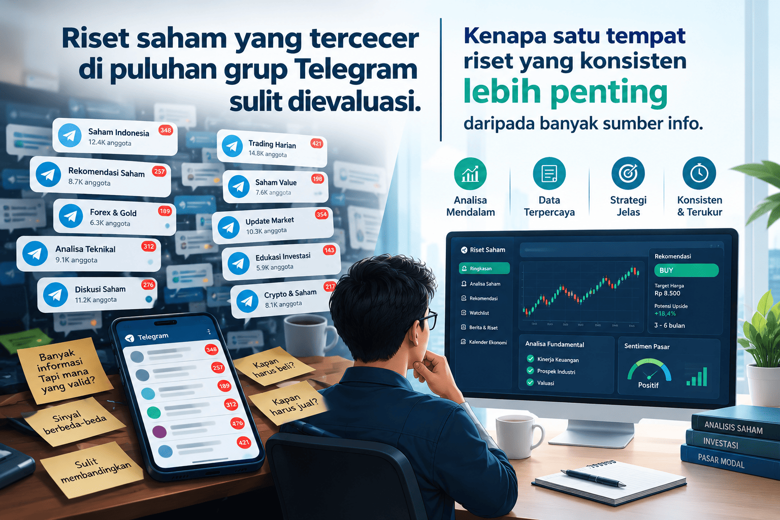 Perbandingan riset saham yang tercecer di puluhan grup Telegram dengan satu dashboard analisis yang konsisten dan terukur