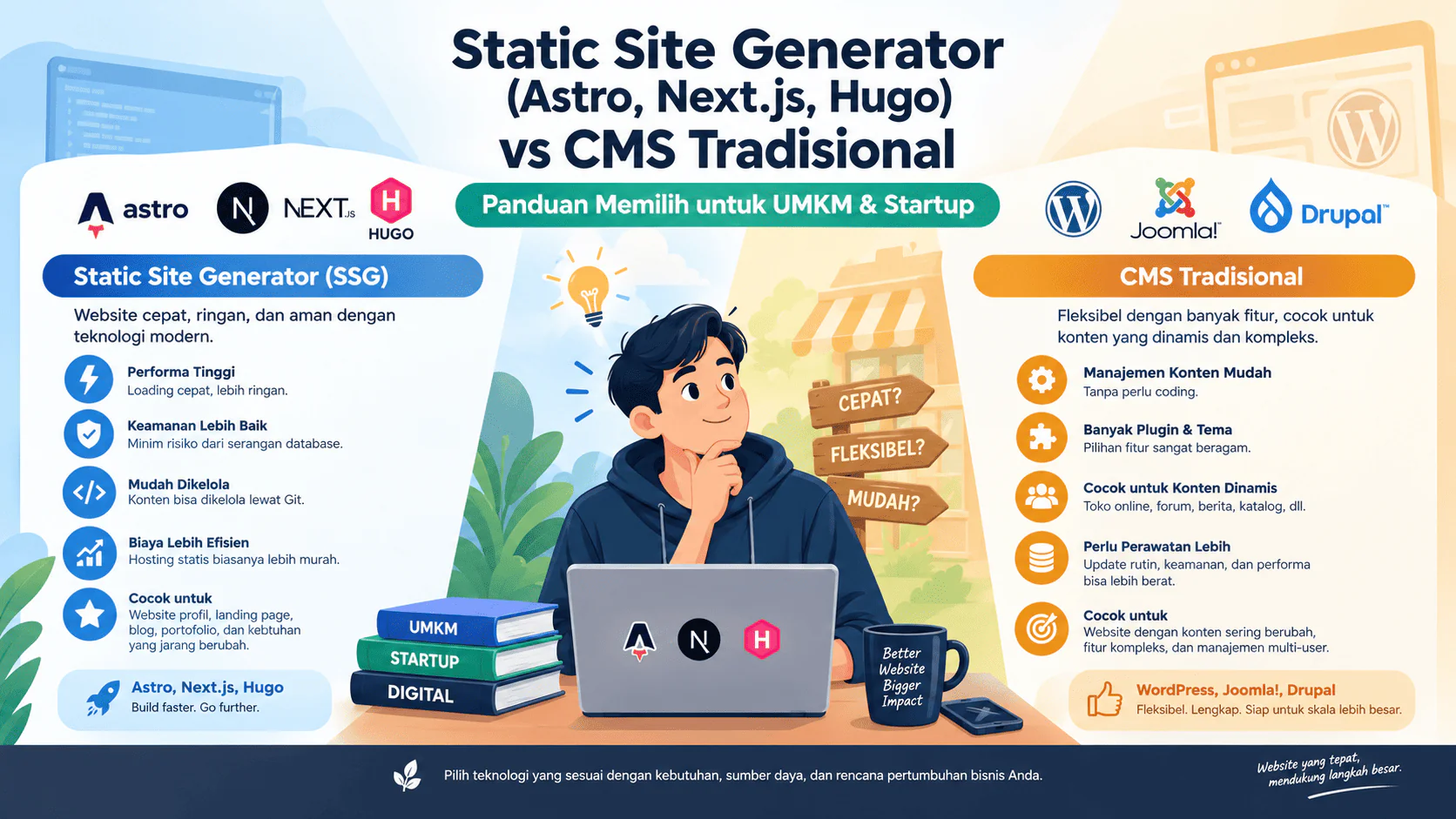 Infografik perbandingan static site generator (Astro, Next.js, Hugo) dengan CMS tradisional (WordPress, Joomla, Drupal) untuk UMKM dan startup