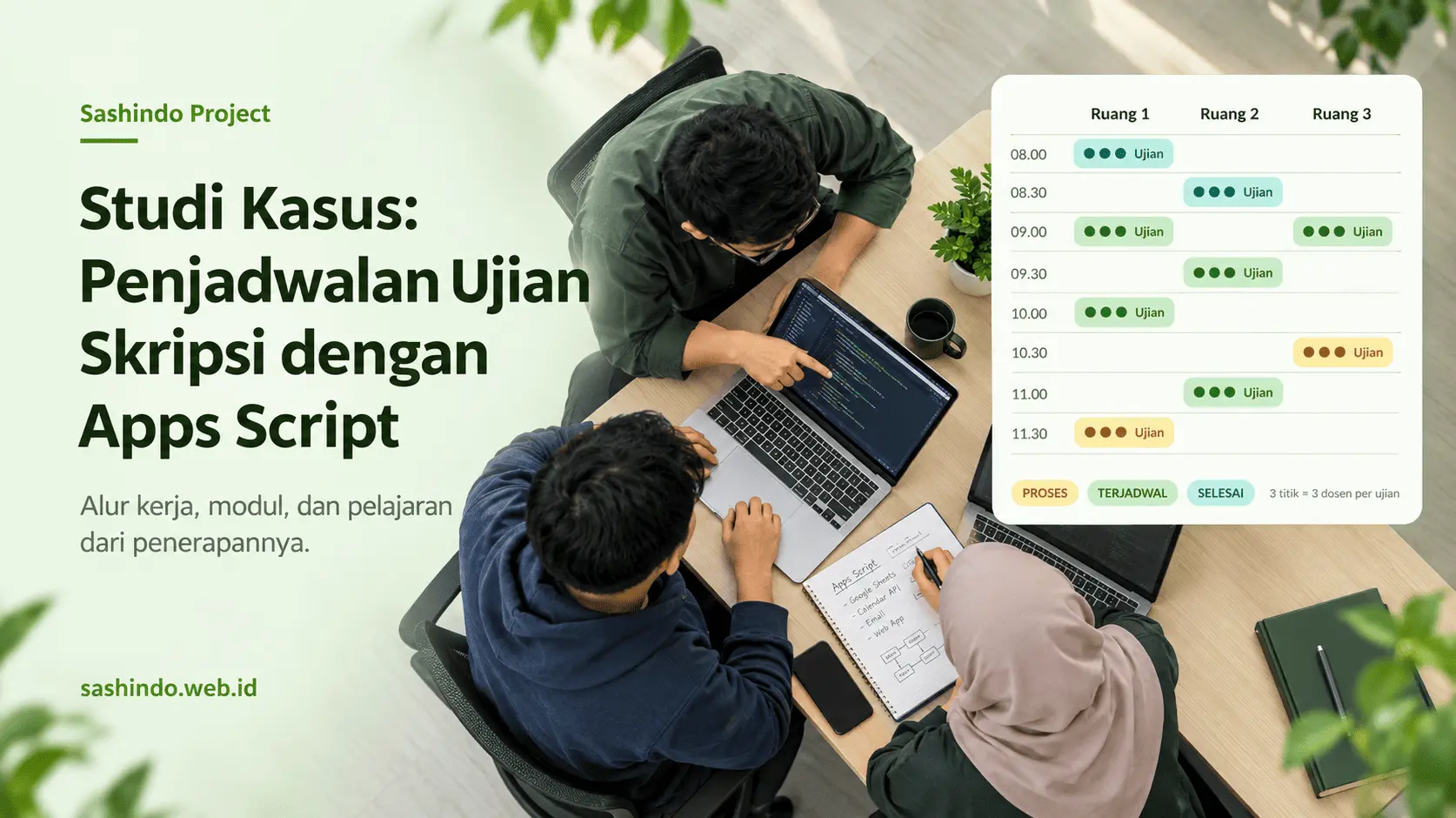 Ilustrasi dashboard sistem penjadwalan ujian skripsi berbasis Google Apps Script dengan data contoh