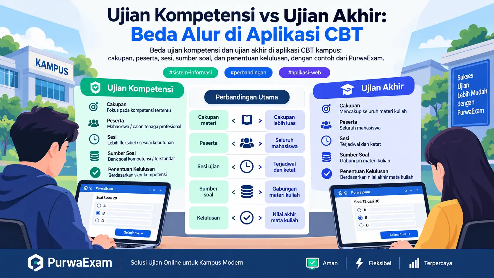 Ilustrasi perbandingan alur ujian kompetensi dan ujian akhir pada aplikasi CBT kampus